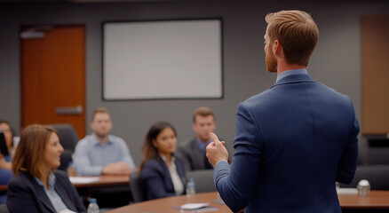 Young businessman giving a presentation and leading a business training class in a conference room, with people sitting at tables listening to the speech from the boss or speaker looking back over the