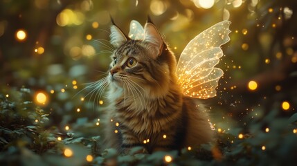 A magical cat with fairy wings, sitting among glowing lights in a mystical forest. A scene full of charm and enchantment.