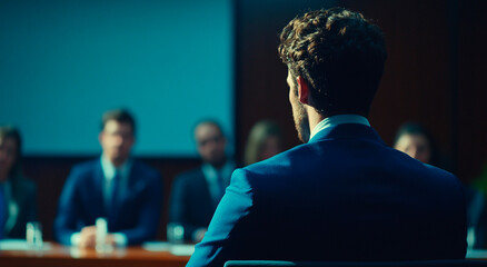 Young businessman giving a presentation and leading a business training class in a conference room, with people sitting at tables listening to the speech from the boss or speaker looking back over the