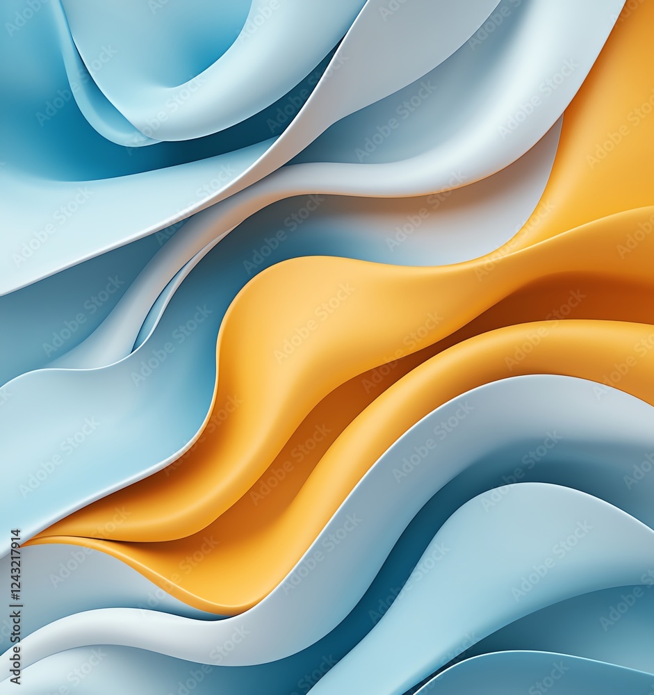 Poster an abstract design featuring smooth, flowing waves of blue and orange, creating a visually striking 