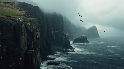 Mysterious Coastal Cliffs with Waves and Birds in Foggy Atmosphere