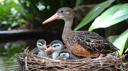 Fototapeta premium A mother duck tenderly watches over her three ducklings nestled in their cozy nest by the water's edge, surrounded by lush greenery.