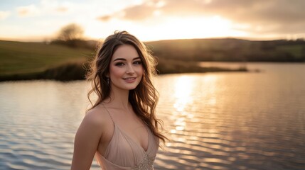 Young woman smiles near a calm lake at sunset. The golden hour lights up her features beautifully. Nature offers a serene moment.