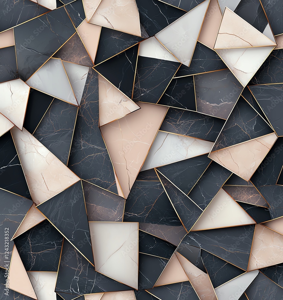 Poster an abstract geometric pattern featuring a mosaic of triangular shapes in a blend of black, white, an