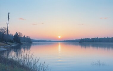A serene sunset over a lake with pink and orange hues reflected in the water.