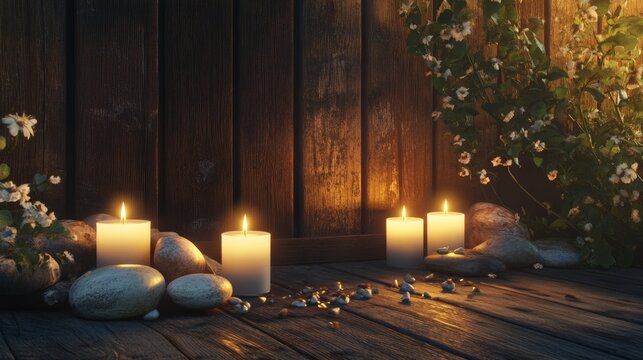 Candle and natural stones against wooden background