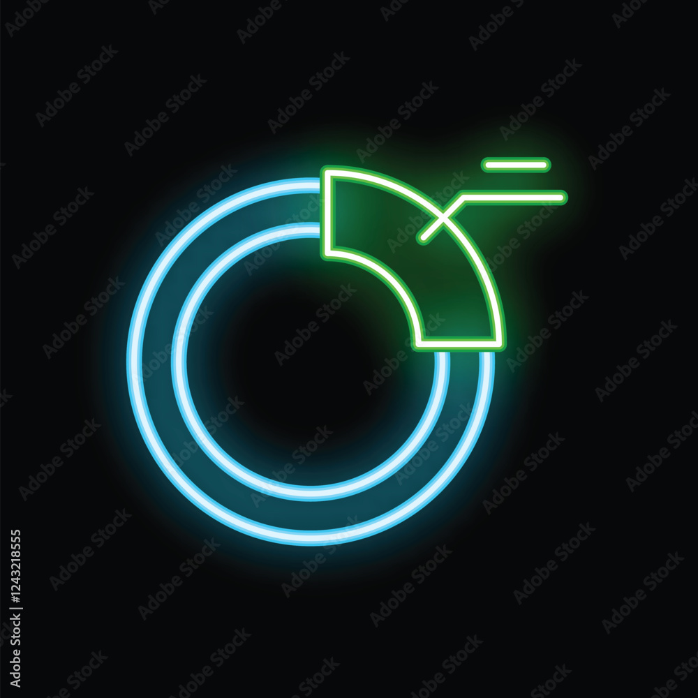 Poster glowing neon icon of a partial pie chart with lines extending from it, perfect for representing data