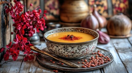 Red lentil soup, rustic kitchen, autumnal setting, food blog