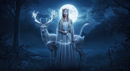 Fototapeta premium Enchanted Moonlit Forest: A mystical elf with her majestic deer companion under a full moon's serene glow.