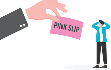 A sad businessman holding a pink slip.

