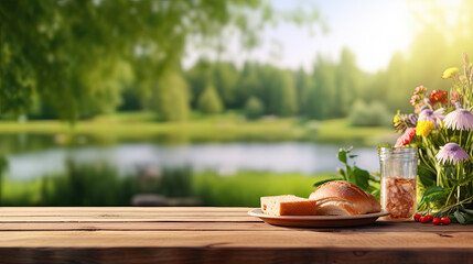 Fototapeta premium Summer picnic by the lake with fresh bread and wildflowers