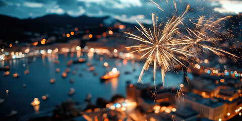 Nighttime Fireworks over Harbor Cityscape
