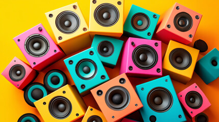 A collection of colorful speakers is creatively stacked on top of one another.
