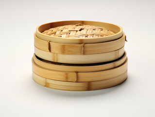 Stacked Bamboo Steamers on White Background