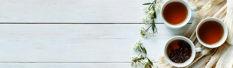 Three cups of tea on a rustic wooden table with delicate flowers and a soft fabric backdrop