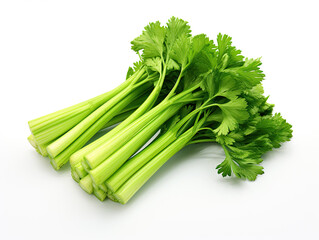 Fresh Green Celery Stalks on White Background