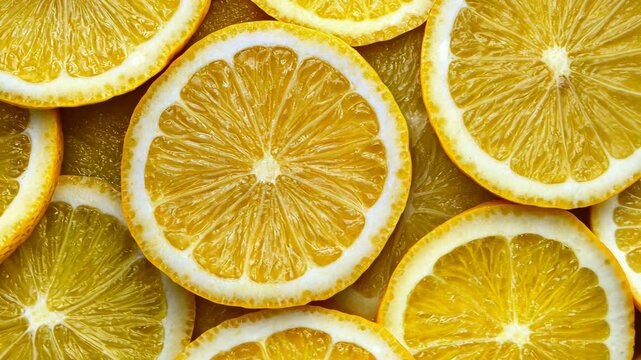 Freshly sliced lemons arranged in a circular pattern on a bright surface, showcasing their juicy texture and vibrant color