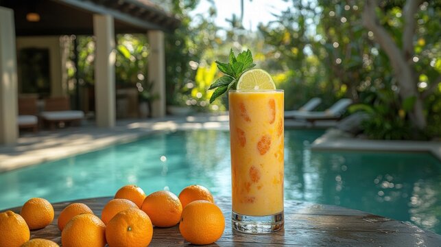 Tropical smoothie by pool at a luxurious villa