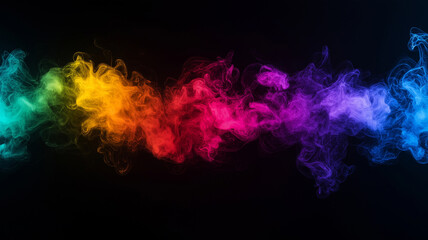 Fototapeta premium Colorful smoke wave on black background, showcasing vibrant hues of red, orange, yellow, green, blue, and purple, creating dynamic and artistic visual effect