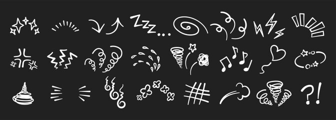 Manga or anime comic emoticon element graphic effects hand drawn doodle vector illustration set isolated on black background. Line style manga doodle line expression scribble anime mark collection.