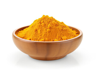 Golden Turmeric Powder in Wooden Bowl