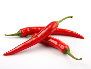 Three vibrant red chili peppers on a white background