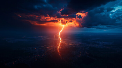 massive thunderstorm with dramatic lightning illuminating cityscape, showcasing vibrant contrast between dark clouds and fiery skies
