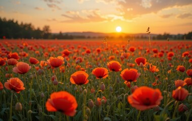 Fototapeta premium A field of vibrant red poppies with the sun setting in the background