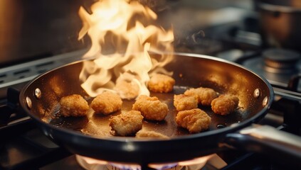 Flamb?ed Chicken Nuggets Sizzling in a Pan