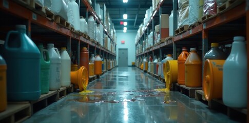 Spilled chemicals, leaking container in aisle, hazard communication, warehouse, liquid