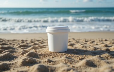A white shipping container on a beach with the ocean in the background