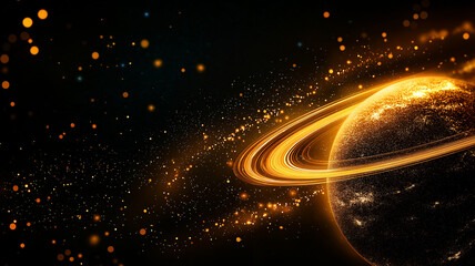 stunning abstract digital representation of glowing planet with golden ring, surrounded by shimmering particles in dark cosmic background, evoking sense of wonder and exploration