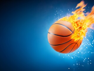 Fiery Basketball in Action – Blazing Ball Flying Through the Air with Flames and Sparks on a Blue Background