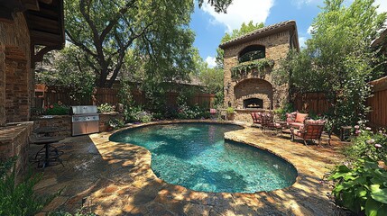 Backyard Oasis Featuring Pool Grill And Stone Fireplace
