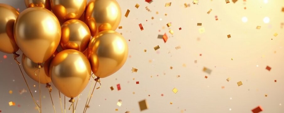 Gold balloon cluster with falling confetti, birthday card design, greeting card design, refined design, elegant design