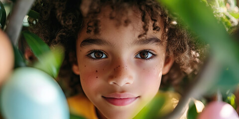 Portrait of a Young Girl Amidst Greenery and Easter Eggs