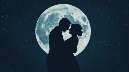 Romantic Silhouette of Loving Couple Under a Full Moon Night Sky