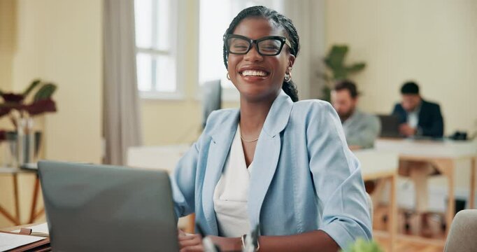 Laptop, face and happy business woman in office, coworking and expert secretary in enterprise. Computer, portrait and administrative assistant, entrepreneur and professional receptionist with glasses