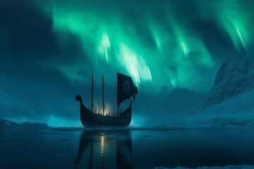 A Viking ship sailing through icy waters under the aurora borealis.