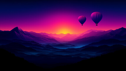 Fototapeta premium Colorful hot air balloons floating over mountains at sunset create serene and vibrant landscape. gradient sky transitions from deep purple to warm orange, enhancing tranquil atmosphere