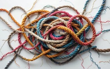 Three colorful ropes tangled together on a white background