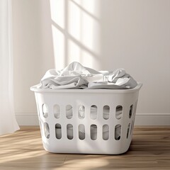 Plastic laundry basket with unwashed white clothes. Perfect for home organization, stain removal, and laundry care.