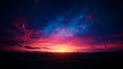 Fototapeta premium stunning cosmic landscape featuring vibrant colors in sky, with planets and moons visible against backdrop of stars. scene evokes sense of wonder and exploration