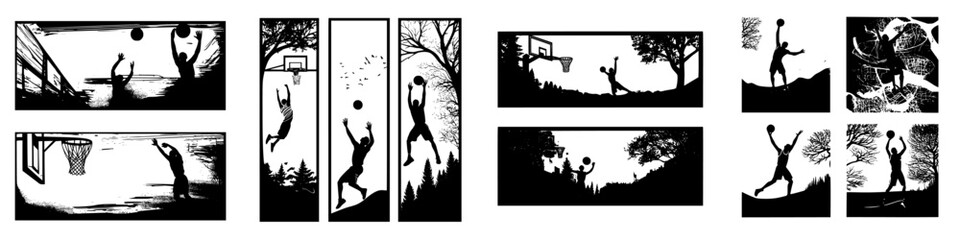 Dynamic basketball silhouettes showcasing athletic movements in various outdoor settings during sunset hours