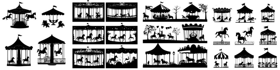 Fototapeta premium Silhouette collection of carousels with horses and decorative elements in various designs and poses