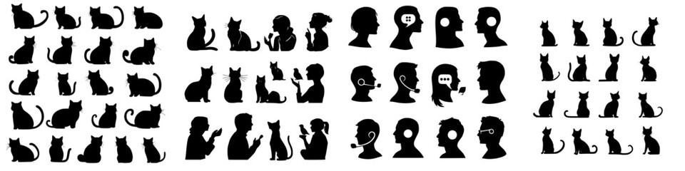 Silhouette collection of cats and human profiles arranged in an artistic pattern