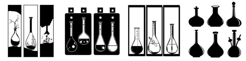 Unique collection of black and white science lab illustrations featuring flasks and beakers in various designs