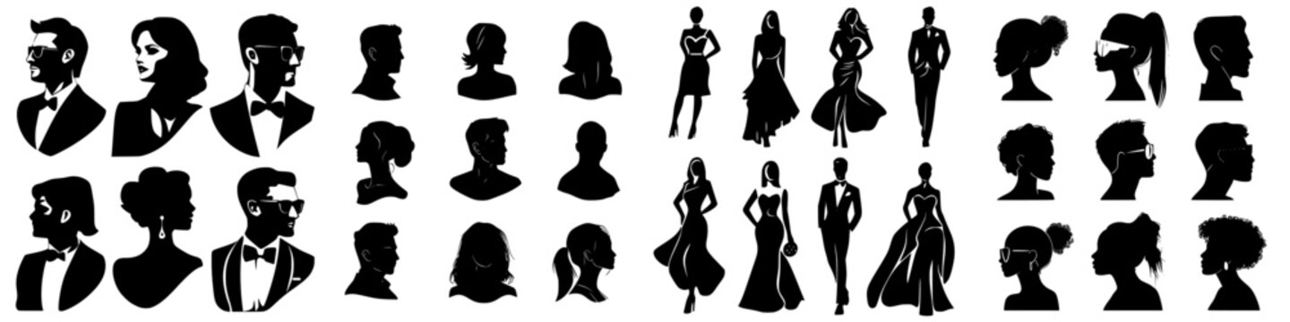 Elegant silhouettes of diverse individuals in formal attire showcasing a range of hairstyles and poses at a gala event