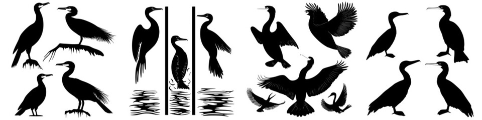 Obraz premium Artistic depiction of various birds illustrated in silhouette, showcasing their diverse postures and habitats