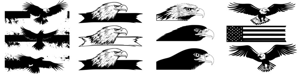 Collection of eagle illustrations and designs featuring various styles and American themes